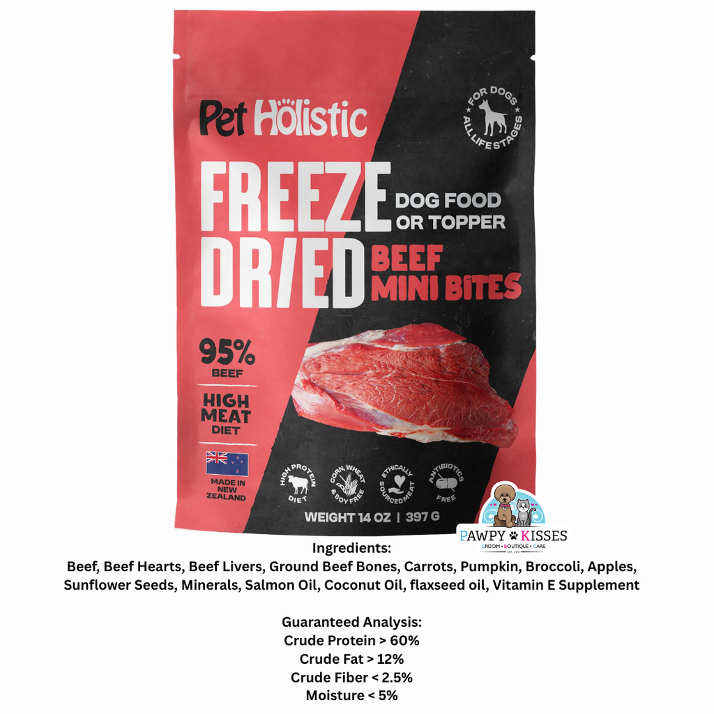 Pet Holistic Freeze Dried Beef Mini Bites dog food or topper 397g/14oz