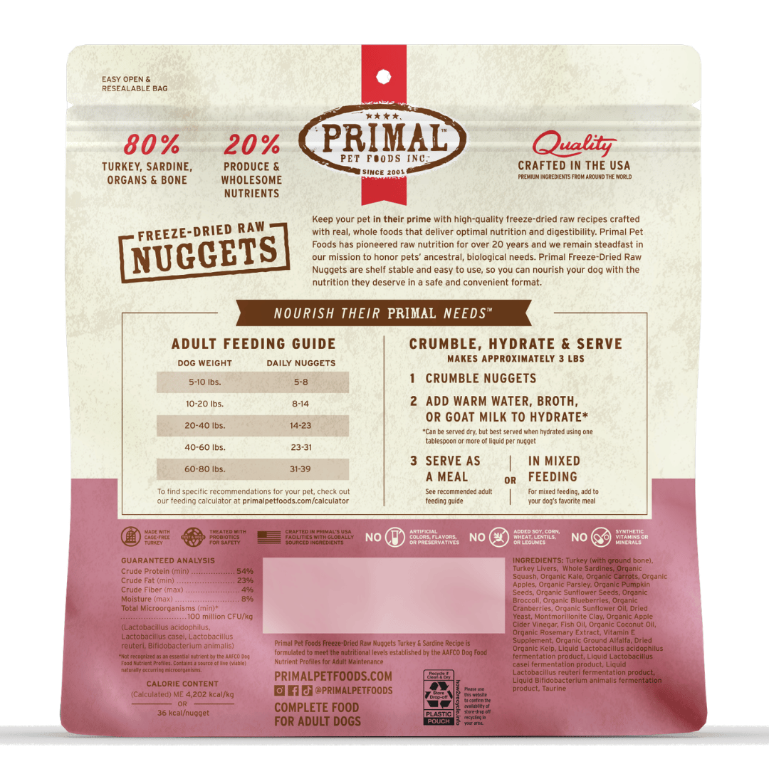 Primal Dog Freeze Dried Raw Nuggets Turkey &  Sardine 14oz