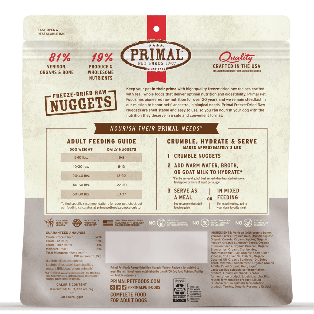 Primal Dog Freeze Dried Raw Nuggets Venison 14oz