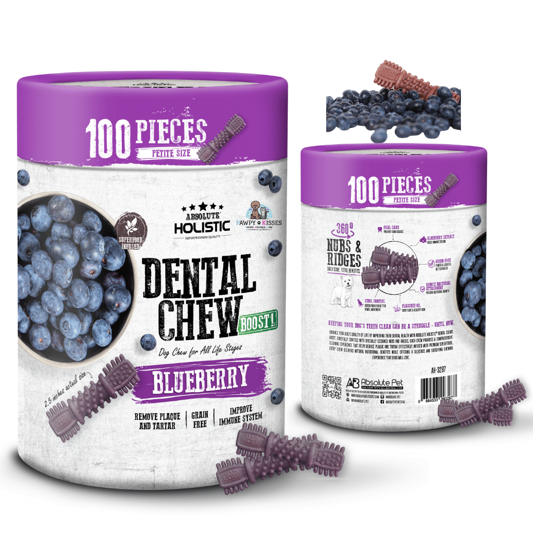Absolute Holistic BOOST! Dental Chew Value Tub for Dogs - Blueberry | Petite 2.5 Inch - 100PCS (900G)