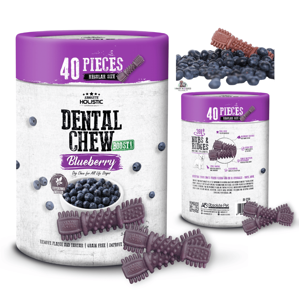 Absolute Holistic BOOST! Dental Chew Value Tub for Dogs - Blueberry | Regular 3.8 Inch - 40PCS (1KG)