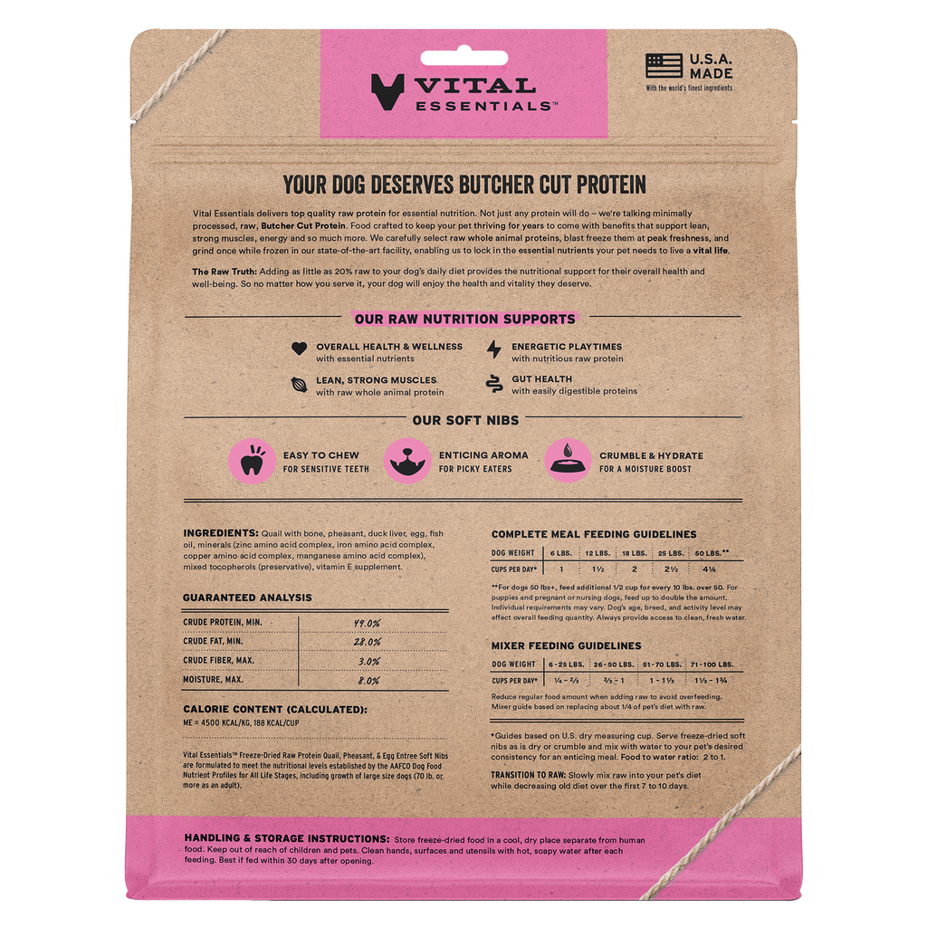 Vital Essentials Freeze-Dried Raw Quail, Pheasant, Egg Entree & Mixer Dog Food Soft Nibs, 14 oz