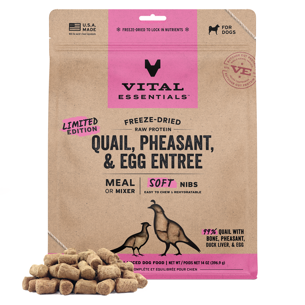 Vital Essentials Freeze-Dried Raw Quail, Pheasant, Egg Entree & Mixer Dog Food Soft Nibs, 14 oz