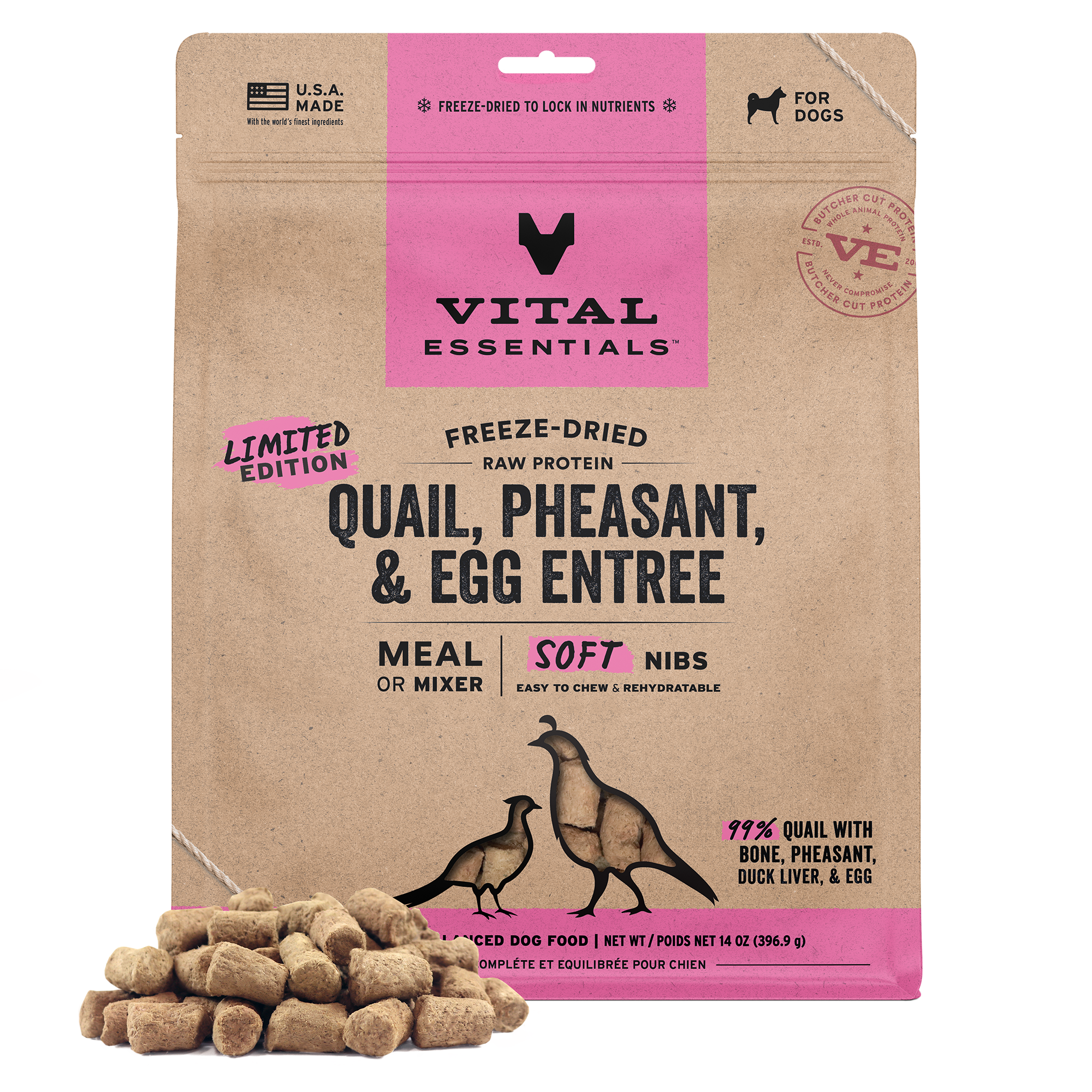 Vital Essentials Freeze-Dried Raw Quail, Pheasant, Egg Entree & Mixer Dog Food Soft Nibs, 14 oz
