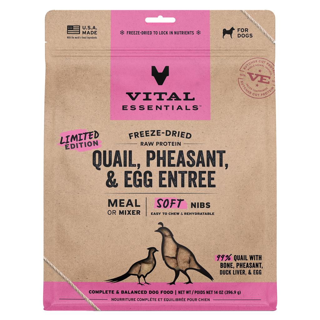 Vital Essentials Freeze-Dried Raw Quail, Pheasant, Egg Entree & Mixer Dog Food Soft Nibs, 14 oz