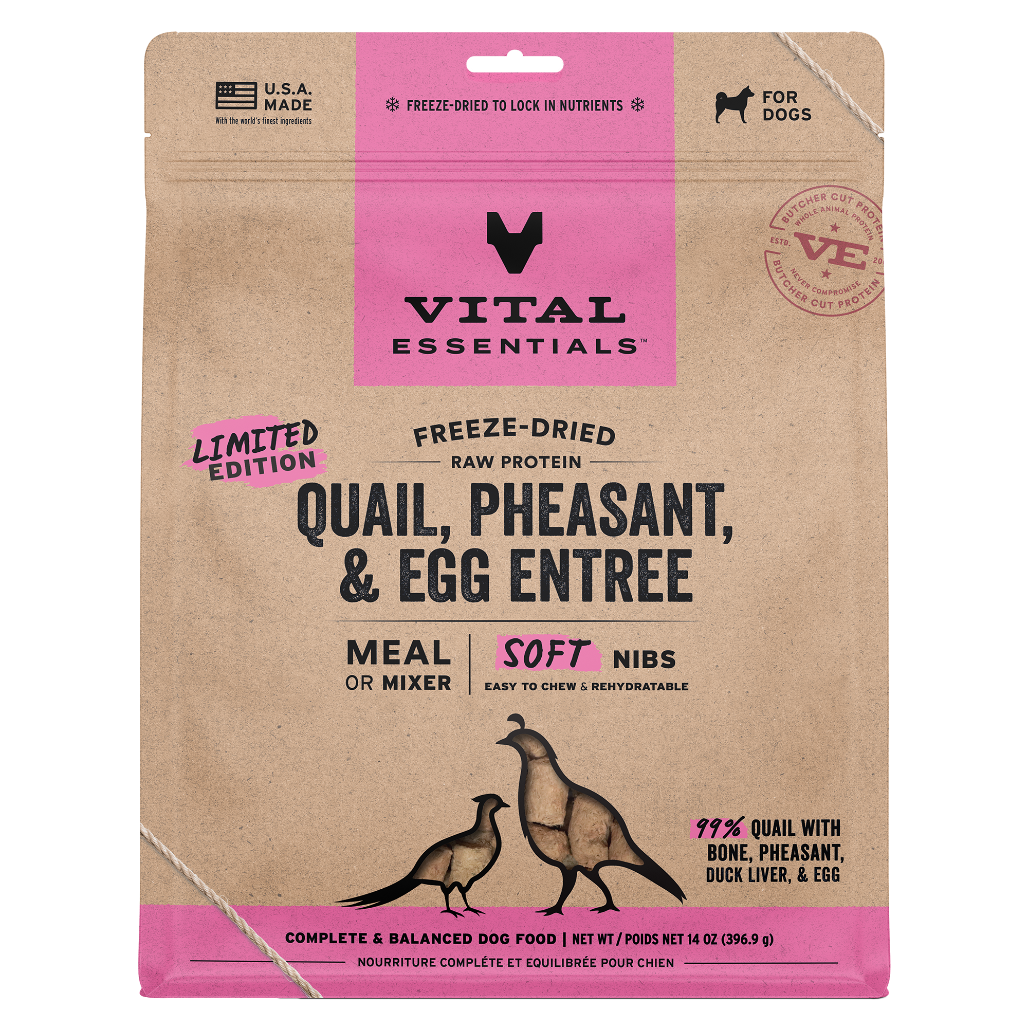 Vital Essentials Freeze-Dried Raw Quail, Pheasant, Egg Entree & Mixer Dog Food Soft Nibs, 14 oz