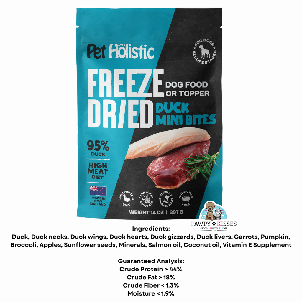 Pet Holistic Freeze Dried Duck Mini Bites dog food or topper 397g/14oz