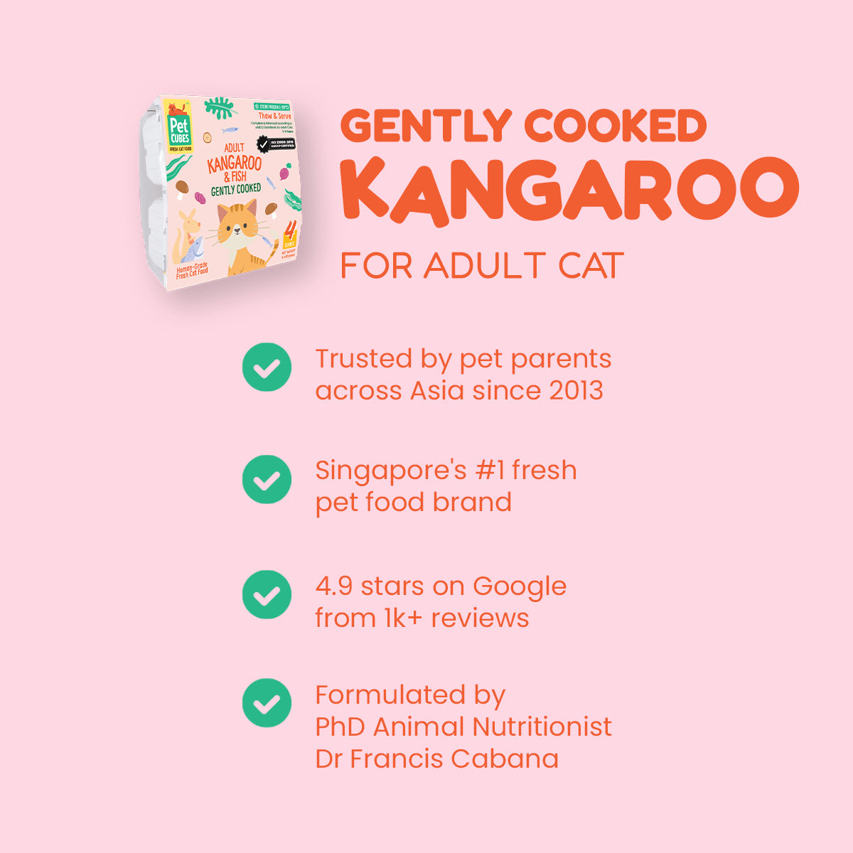 [SMOOTH] PetCubes Gently Cooked Frozen Cat Food -SMOOTH Kangaroo & Fish 1.28 KG