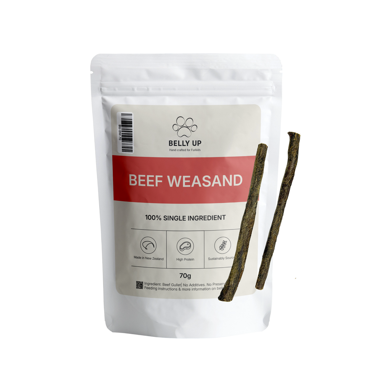 Belly Up New Zealand Grass-Fed Beef Weasand Short 70g/Long 125g