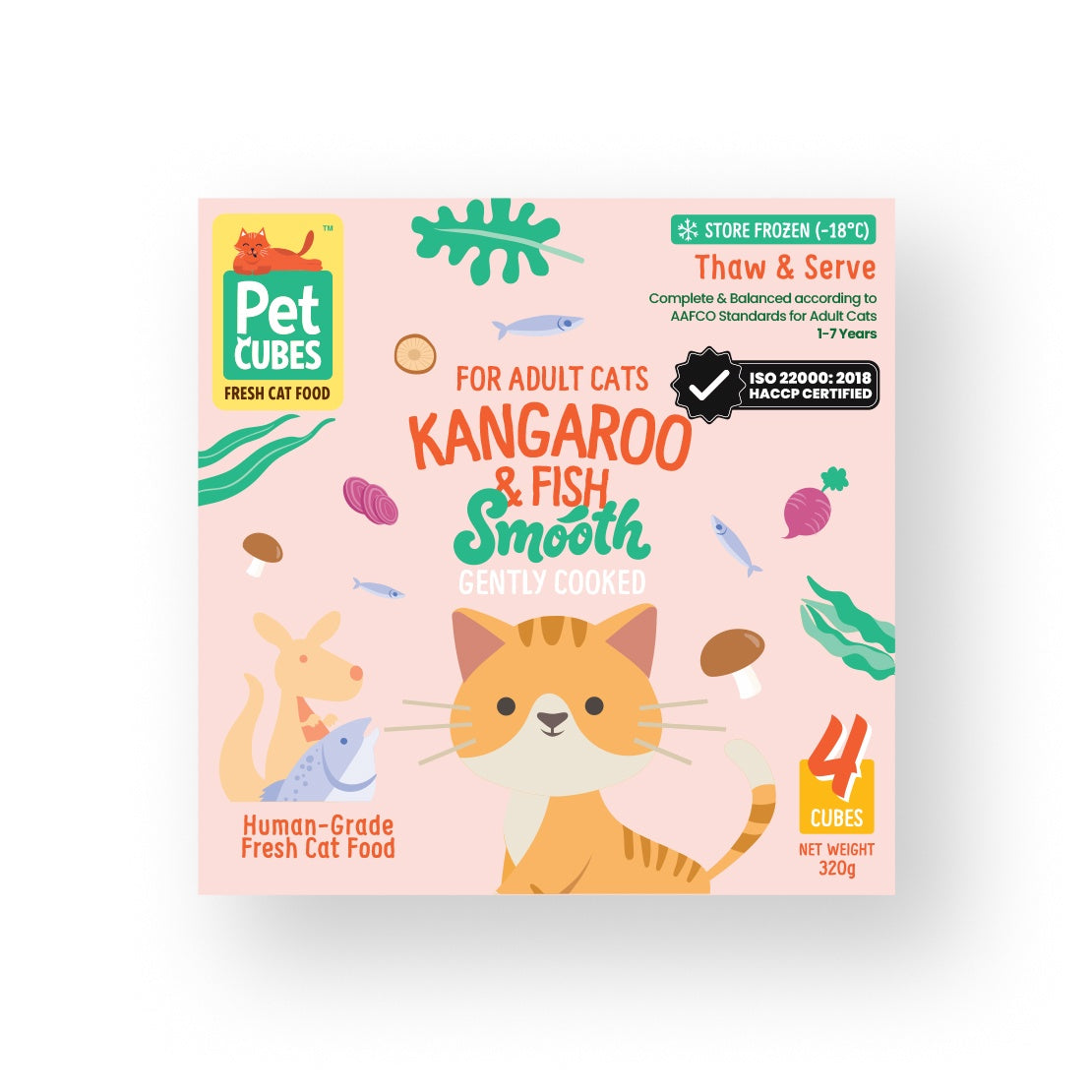 [SMOOTH] PetCubes Gently Cooked Frozen Cat Food -SMOOTH Kangaroo & Fish 1.28 KG