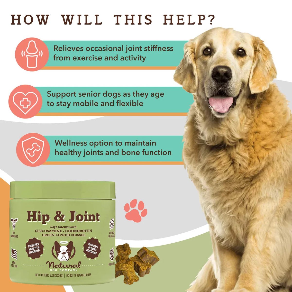 Natural Dog Company Hip & Joint Supplement For Dogs (90 Chews)