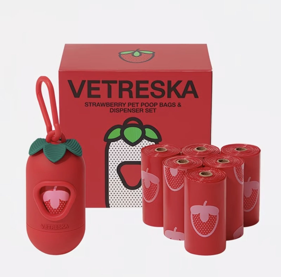 Vetreska Strawberry Poop Bags & Dispenser Set 1 Dispenser + 7 Rolls
