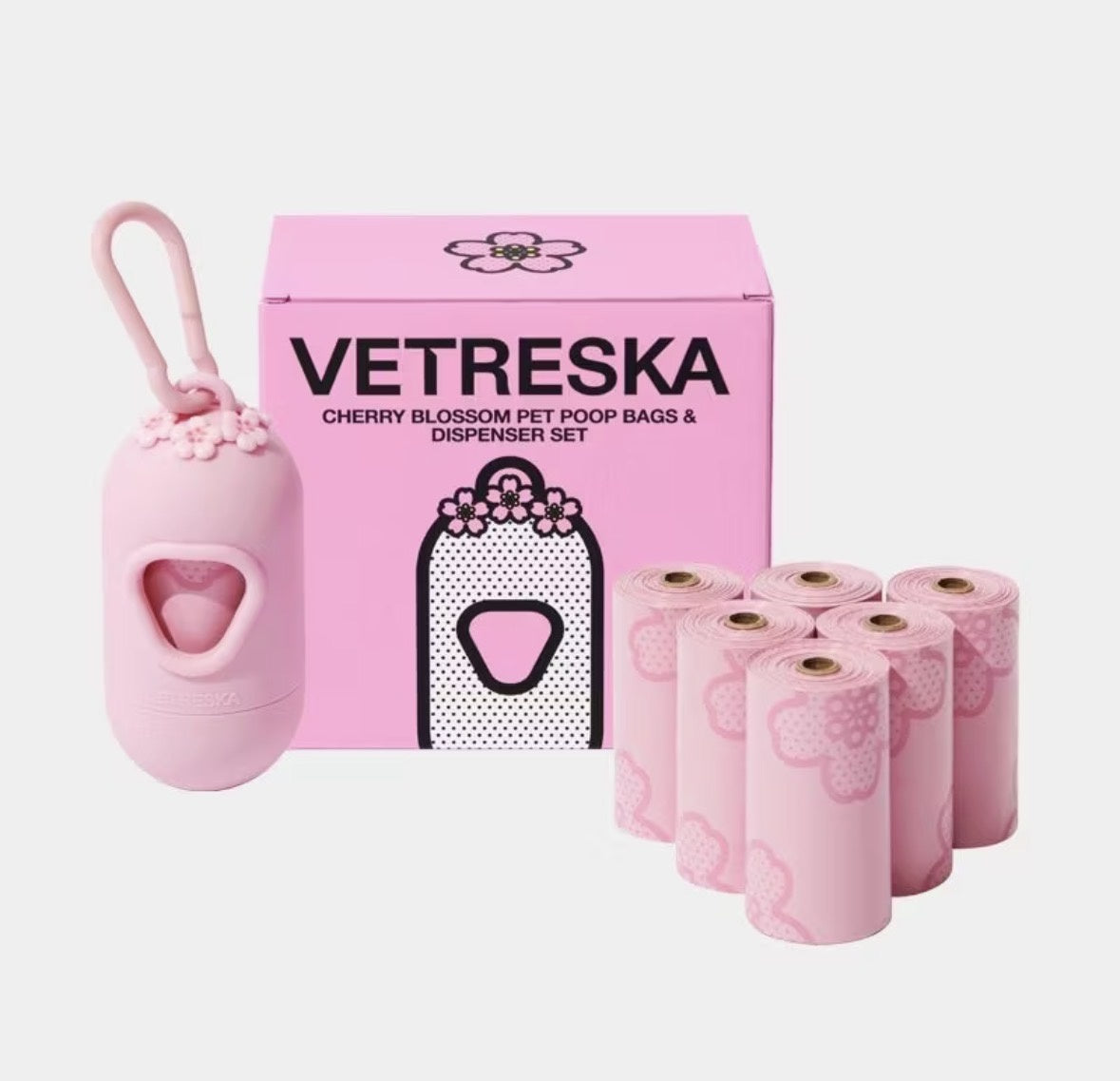 Vetreska Cherry Blossom Poop Bags & Dispenser Set 1 Dispenser + 7 Rolls