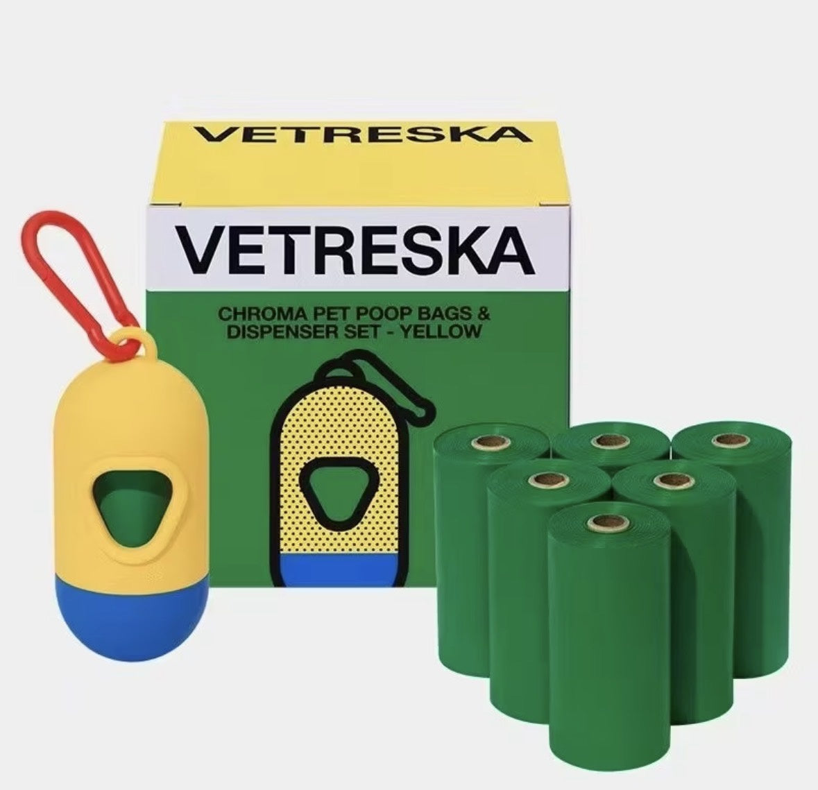 Vetreska Chroma Poop Bags & Dispenser Set - Yellow 1 Dispenser + 7 Rolls