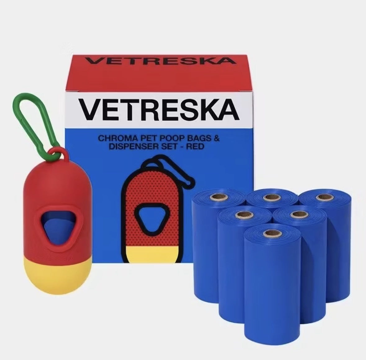 Vetreska Chroma Poop Bags & Dispenser Set - Red 1 Dispenser + 7 Rolls