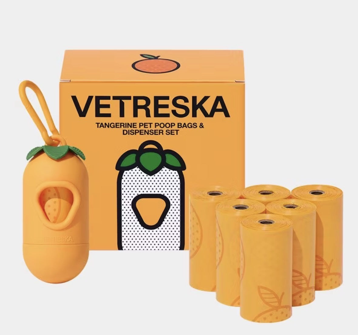 Vetreska Tangerine Poop Bags & Dispenser Set 1 Dispenser + 7 Rolls