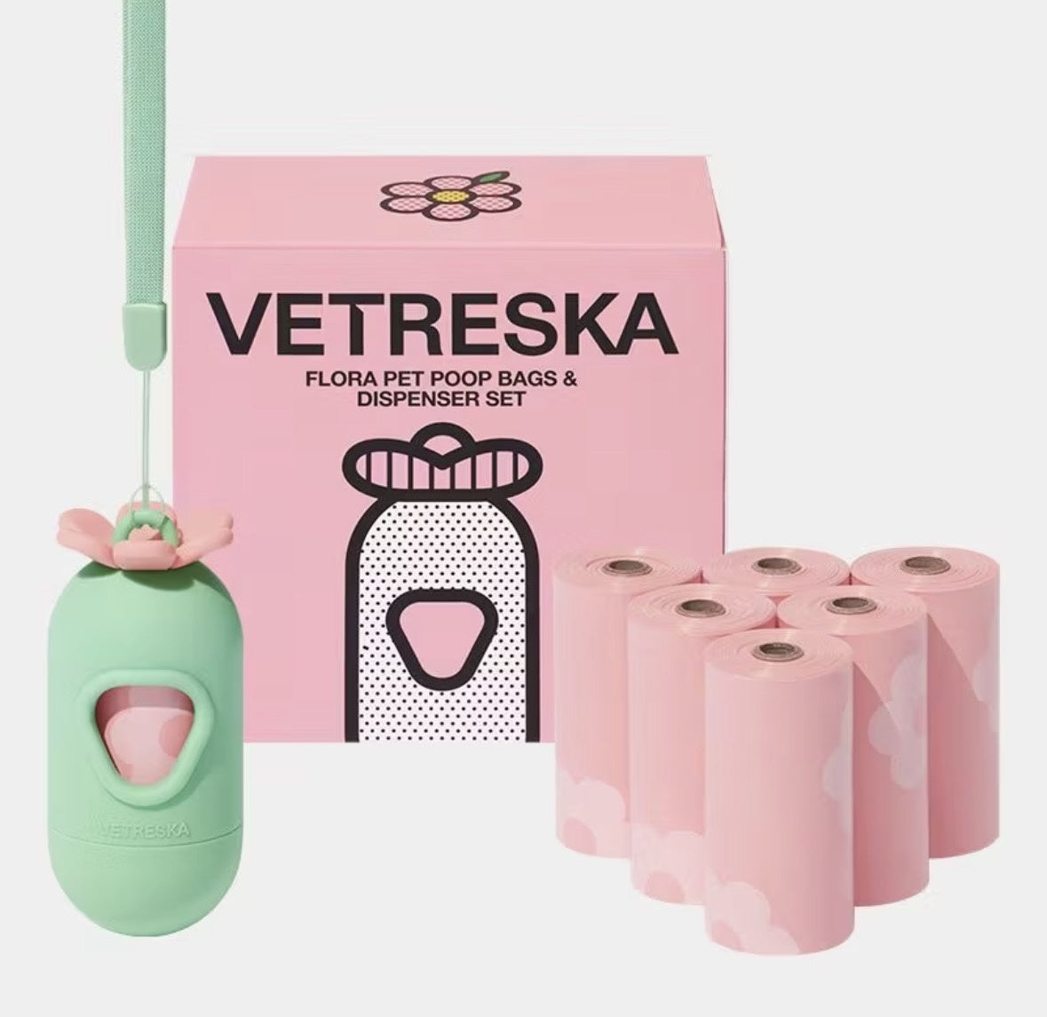 Vetreska Flora Poop Bags & Dispenser Set 1 Dispenser + 7 Rolls