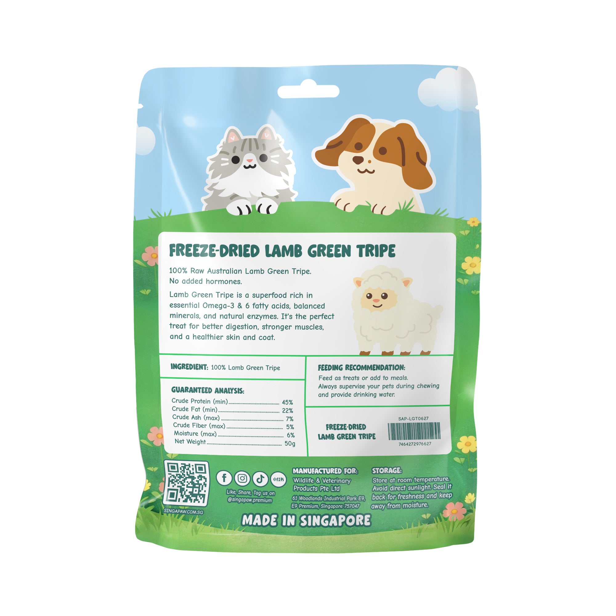 Singapaw Freeze-Dried Lamb Green Tripe Treats For Dogs & Cats 50g