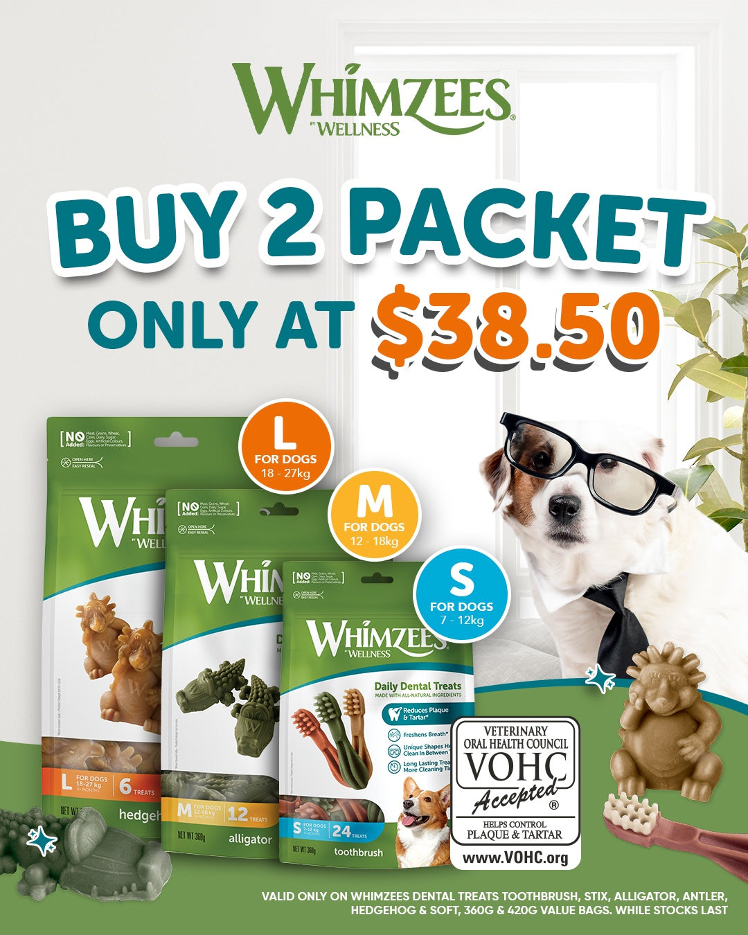 [2 FOR $38.50] Whimzees Dental Chew Treats For Dogs I Value Bag