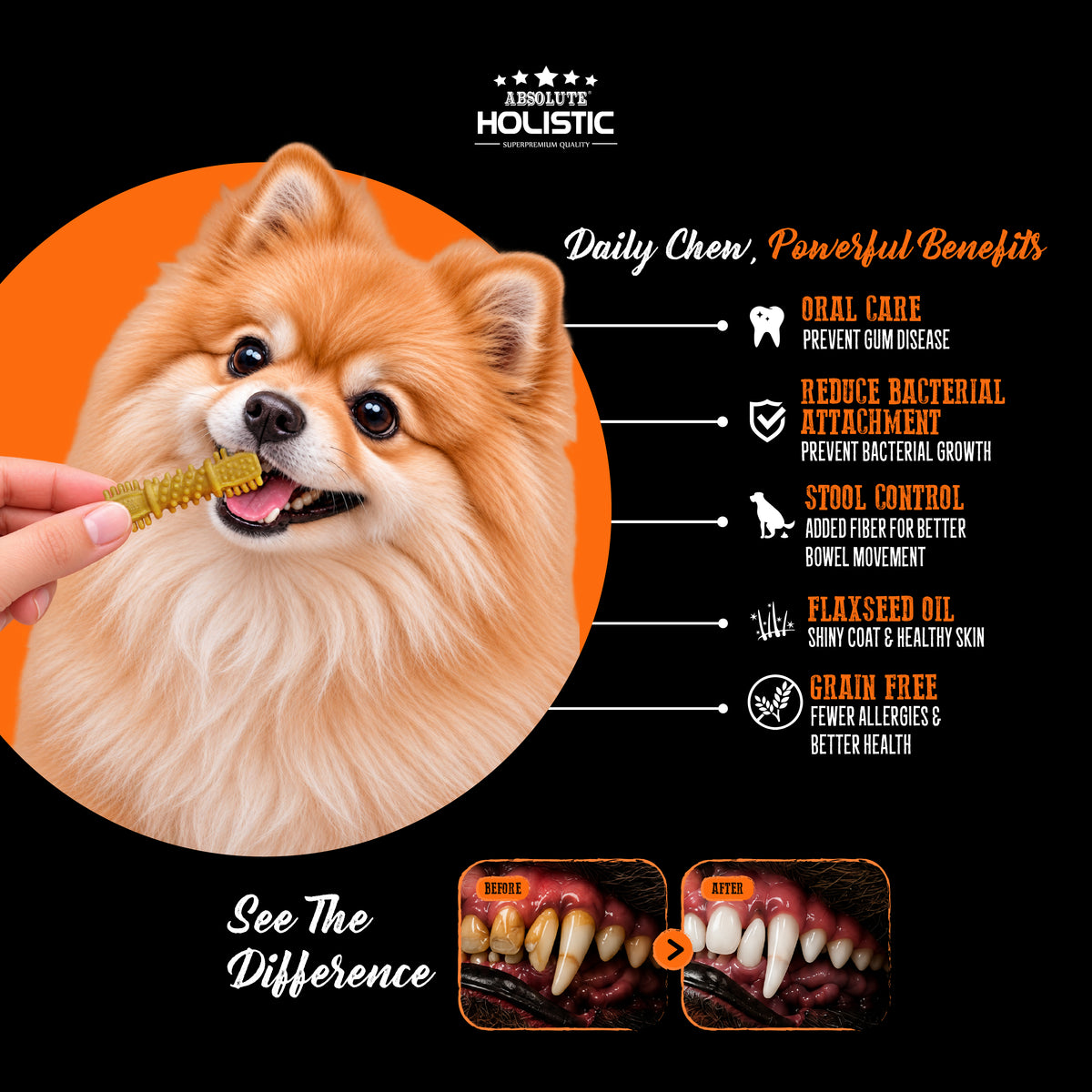 Absolute Holistic BOOST! Dental Chew Value Tub for Dogs - Blueberry | Petite 2.5 Inch - 100PCS (900G)