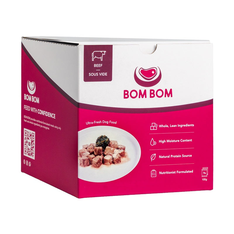 BOM BOM Gently Cooked Beef Ready Meal Sous Vide Frozen Dog Food 700g (7 x 100g)