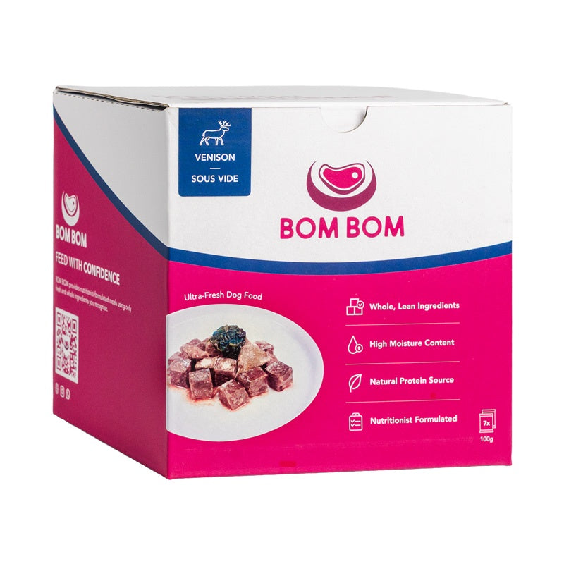 BOM BOM Gently Cooked Venison Ready Meal Sous Vide Frozen Dog Food 700g (7 x 100g)