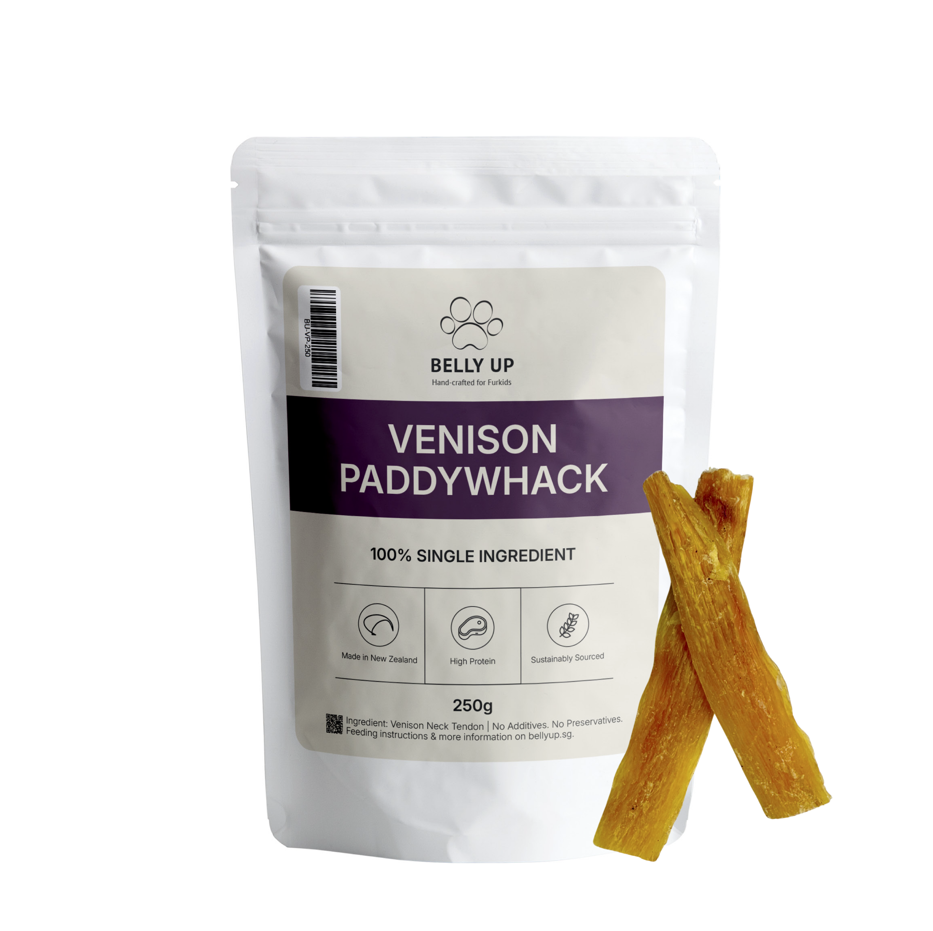 BELLY UP 100% Natural New Zealand Grass-Fed Venison Paddywhack Dog Treats 125g / 250g