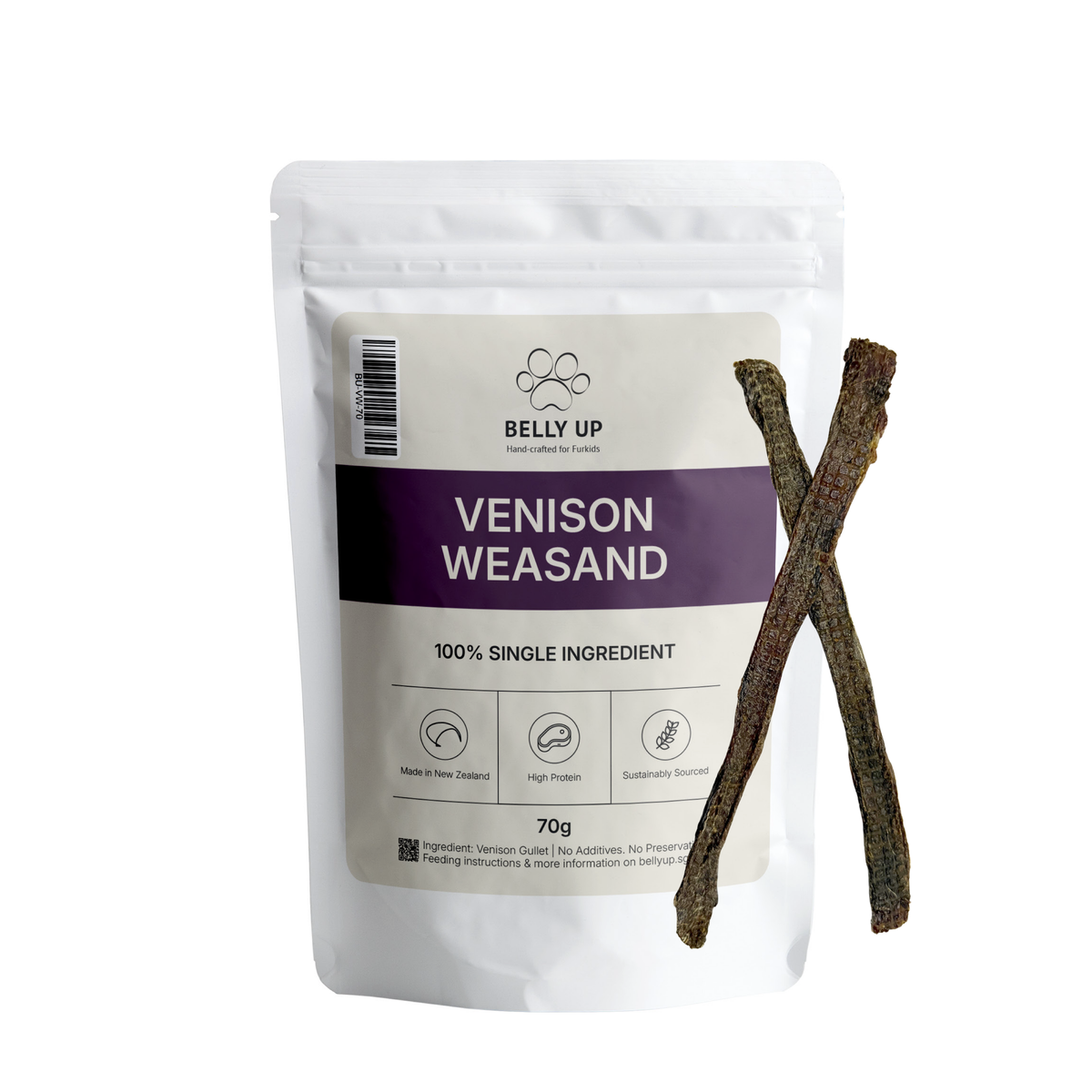 BELLY UP 100% Natural New Zealand Grass-Fed Venison Weasand Dog Treats 70g Short / 125g Long