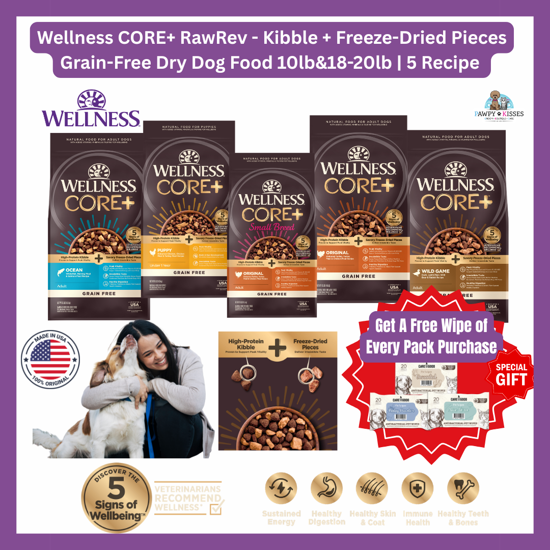[FREE WIPE + 20% OFF] Wellness CORE+ RawRev - Kibble + Freeze-Dried Pieces Grain-Free Dry Dog Food 10lb&18-20lb | 5 Recipe