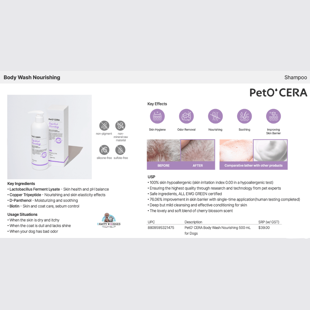PetO' CERA Body Wash Nourishing 500 mL for Dogs