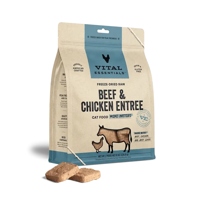 Vital Essentials Vital Essentials® Freeze Dried Raw Beef & Chicken Entree Cat Food Mini Patties 8 oz Cat Food & Treats