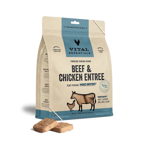 Vital Essentials Vital Essentials® Freeze Dried Raw Beef & Chicken Entree Cat Food Mini Patties 8 oz Cat Food & Treats