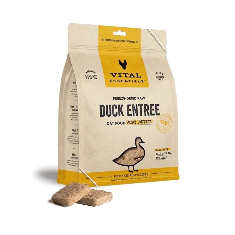 Vital Essentials Vital Essentials® Freeze Dried Raw Duck Entree Cat Food Mini Patties 8 oz Cat Food & Treats