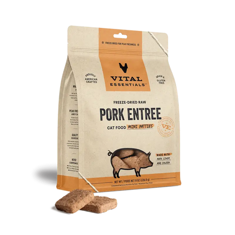 Vital Essentials Vital Essentials® Freeze Dried Raw Pork Entree Cat Food Mini Patties 8 oz Cat Food & Treats
