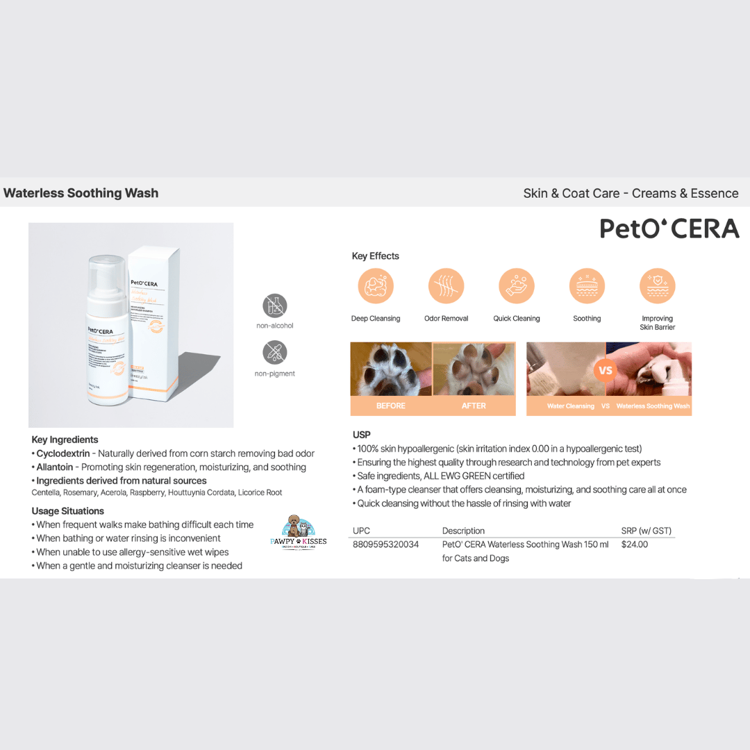 PetO' CERA Waterless Soothing Wash 150 ml for Dogs and Cats