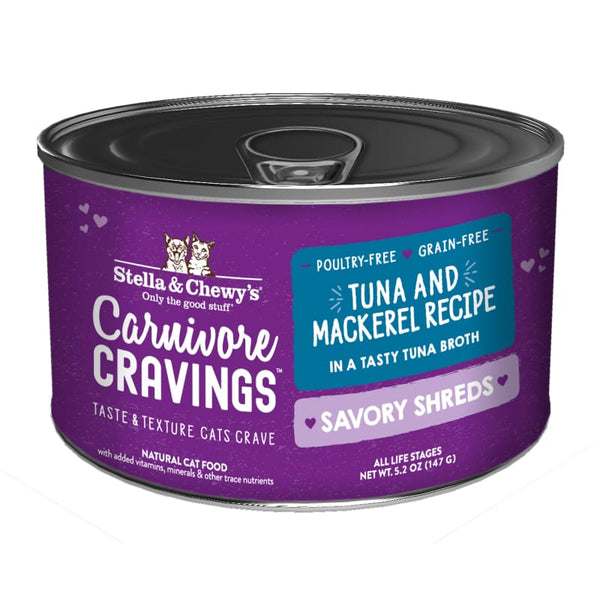 Stella & Chewy’s Stella & Chewy’s Carnivore Cravings Savory Shreds Tuna & Mackerel in Broth Canned Cat Food 5.2oz Cat Food & Treats