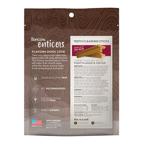 TropiClean [15% OFF] Tropiclean Enticers Hickory Smoked Bacon Teeth Cleaning Sticks for Dogs 8oz Dog Food & Treats