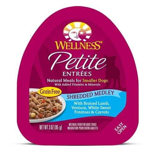 Wellness Wellness Small Breed Petite Entrees Braised Lamb Venison White Sweet Potatoes & Carrots Shredded Medley Wet Dog Food 3oz Dog Food &